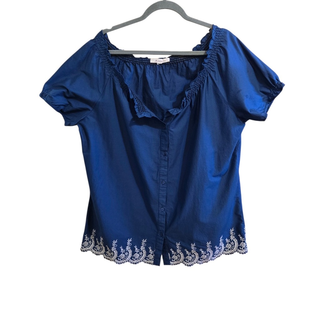 Sacred Threads Hippie Boho Festival Button-Down Blouse Blue with Scalloped Edges